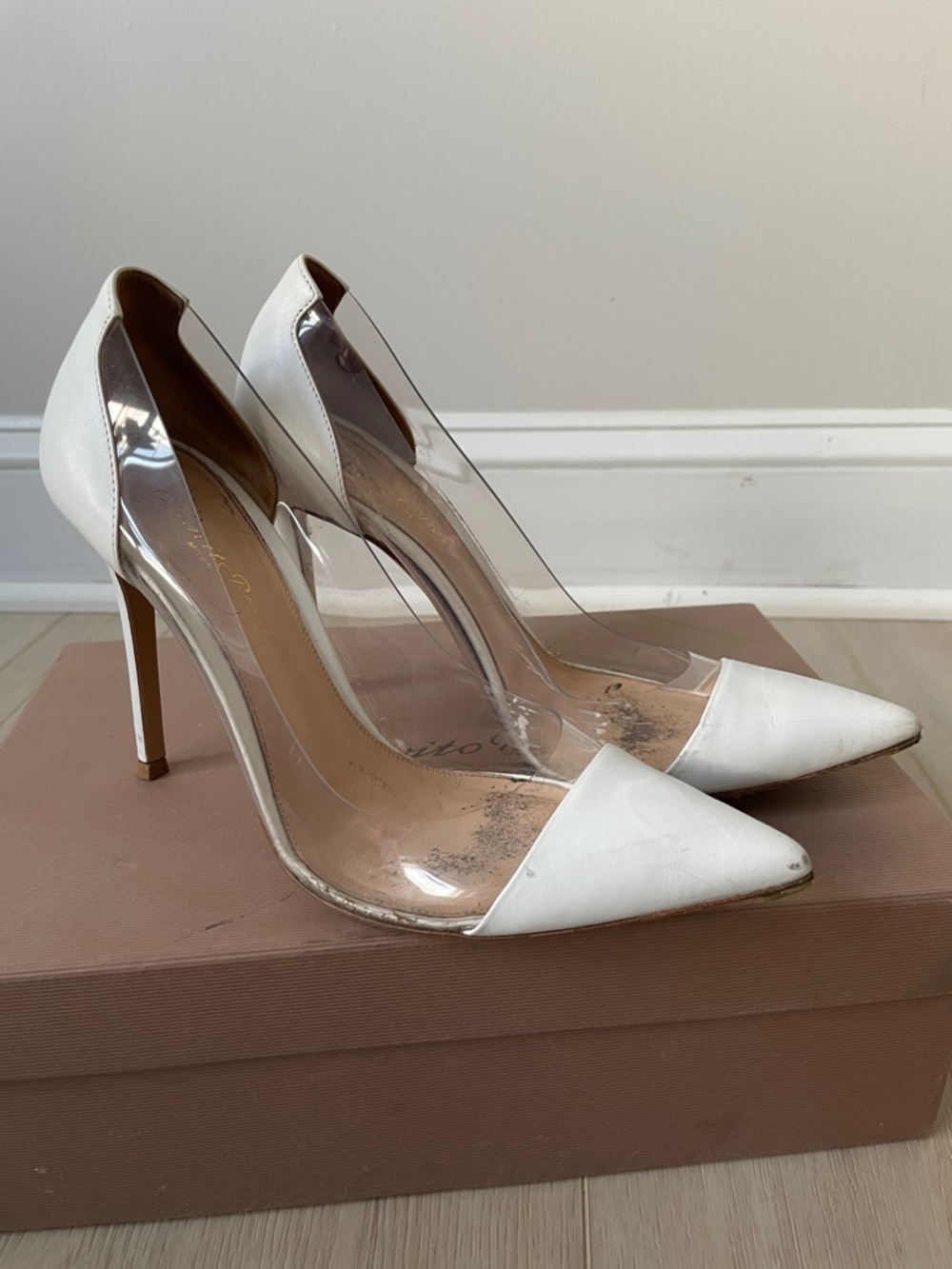 Gianvito Rossi White Pointed-Toe Clear Panel Stiletto Pumps